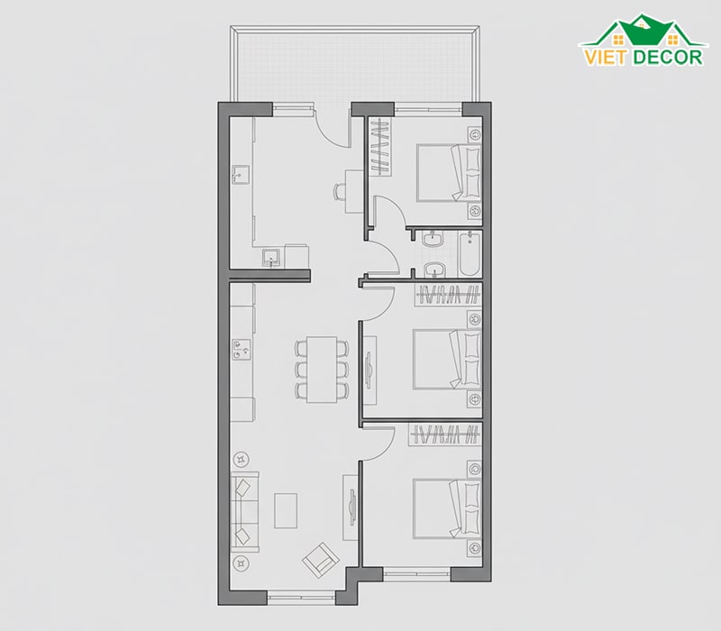 Bản vẽ nhà ống 35m2 (VD: 3.5m x 10m) 2 phòng ngủ