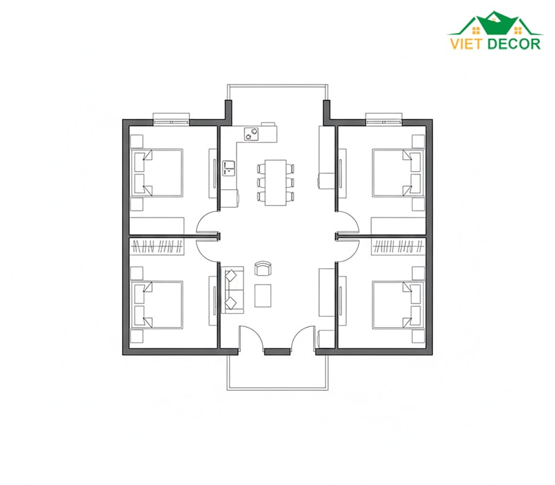 Bản vẽ nhà 35m2 vuông vức (VD: 6m x 6m) 2 phòng ngủ