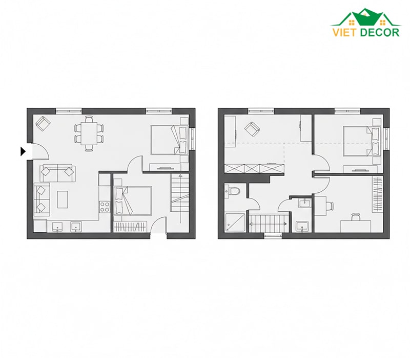 Bản vẽ nhà 35m2 có gác lửng bố trí 2 phòng ngủ