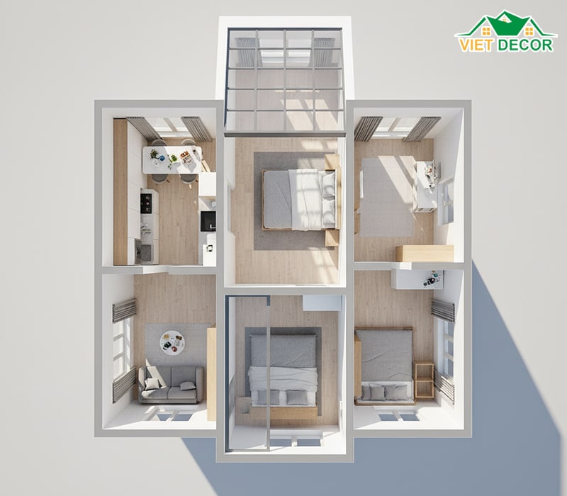 Mẫu nhà ống 35m2 2 phòng ngủ (bố trí theo chiều sâu)