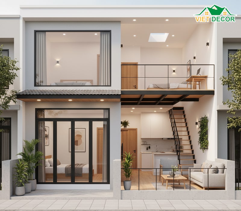 Mẫu nhà cấp 4 35m2 2 phòng ngủ có gác lửng hiện đại