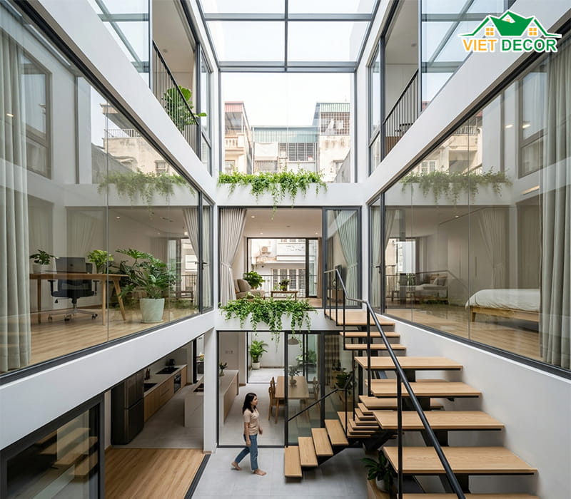 Ứng dụng cầu thang rỗng và vách ngăn kính