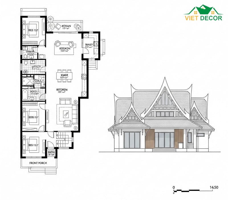 Bản vẽ thiết kế mẫu nhà cấp 4 mái Thái hiện đại