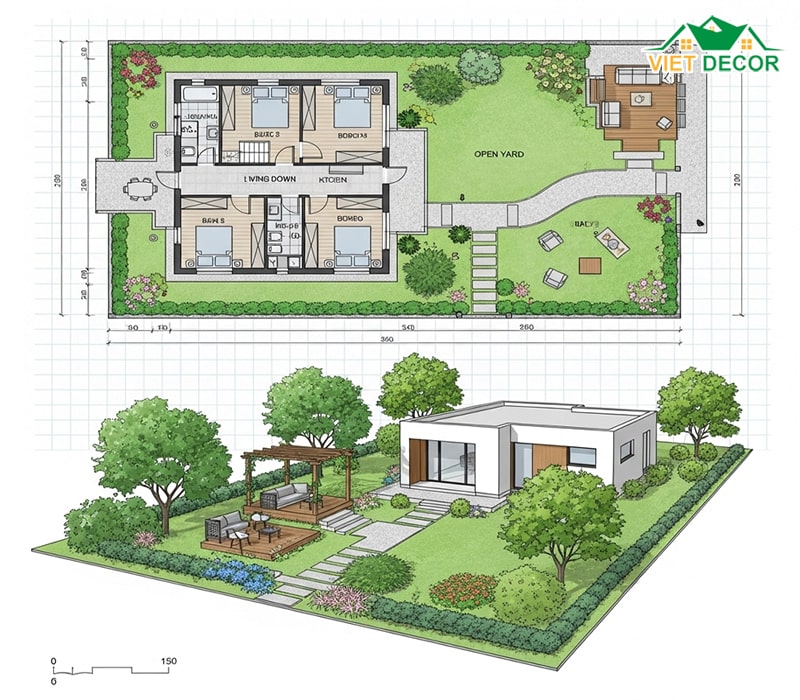 Bản vẽ thiết kế mẫu nhà cấp 4 kết hợp sân vườn