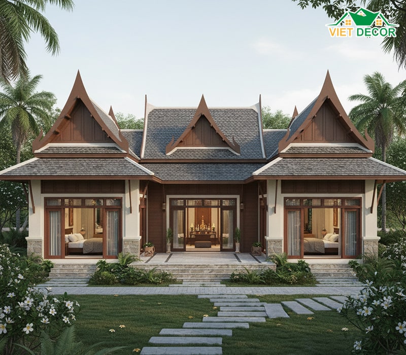 Mẫu nhà cấp 4 mái Thái 2 phòng ngủ 1 phòng thờ sang trọng