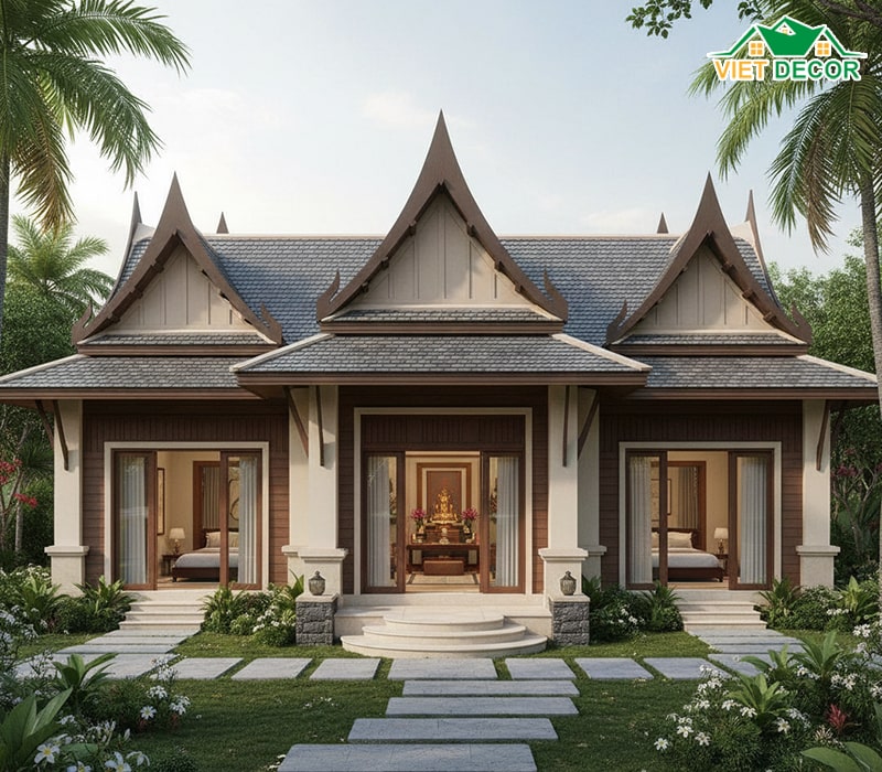 Mẫu nhà cấp 4 mái Thái 2 phòng ngủ 1 phòng thờ sang trọng