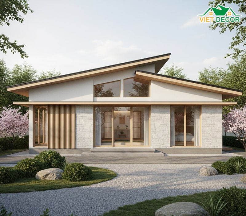 Thiết kế nhà cấp 4 mái Nhật 2 phòng ngủ 1 phòng thờ hiện đại