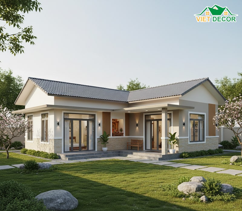 Mẫu nhà cấp 4 chữ L 2 phòng ngủ 1 phòng thờ