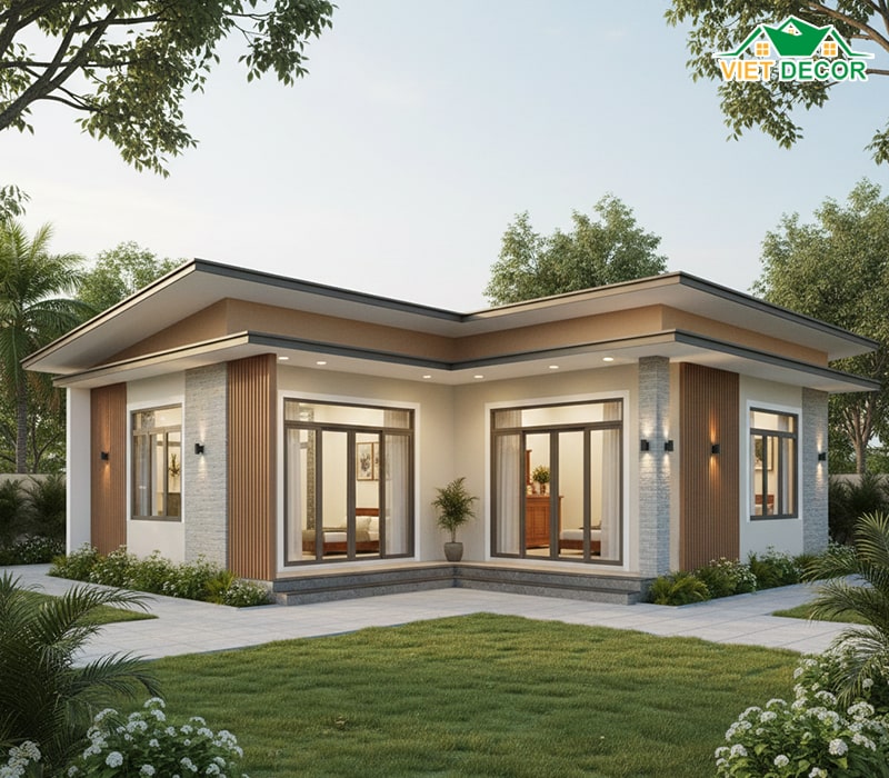 Mẫu nhà cấp 4 chữ L 2 phòng ngủ 1 phòng thờ