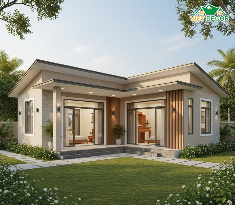 Mẫu nhà cấp 4 chữ L 2 phòng ngủ 1 phòng thờ