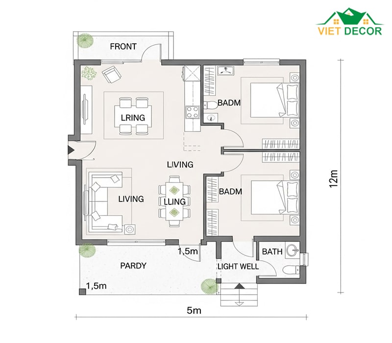 Bản vẽ nhà cấp 4 2 phòng ngủ 5×12 có sân trước