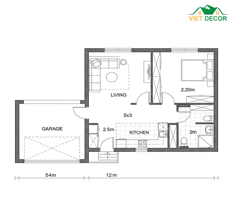 Bản vẽ nhà cấp 4 2 phòng ngủ 5×12 có gara