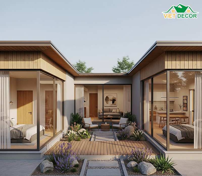 Mẫu thiết kế nhà cấp 4 với 2 phòng ngủ 70m2 chữ U