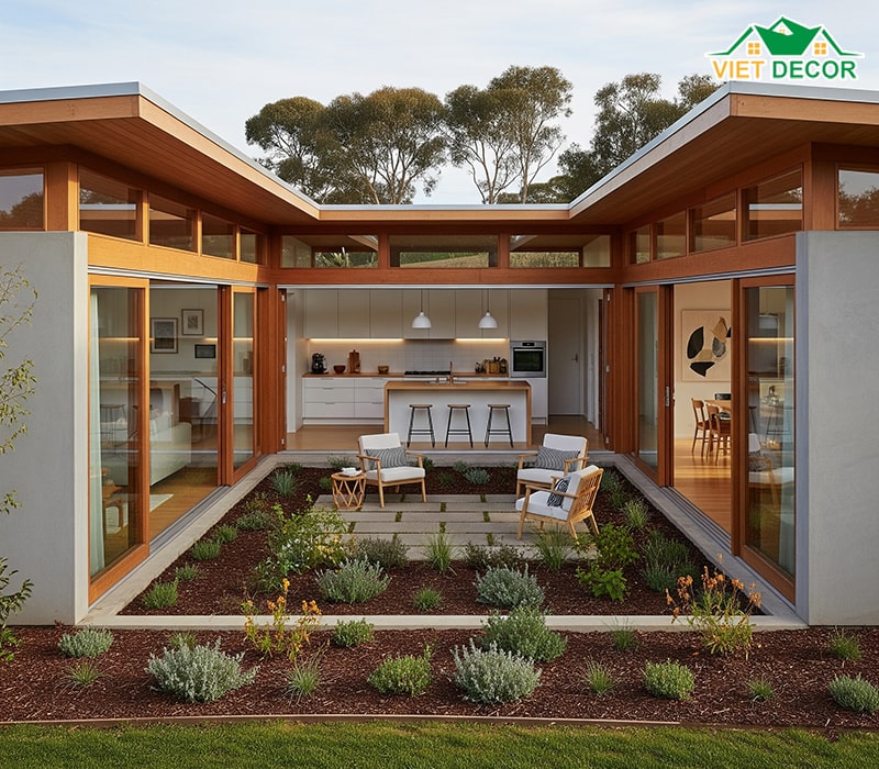 Mẫu thiết kế nhà cấp 4 với 2 phòng ngủ 70m2 chữ U