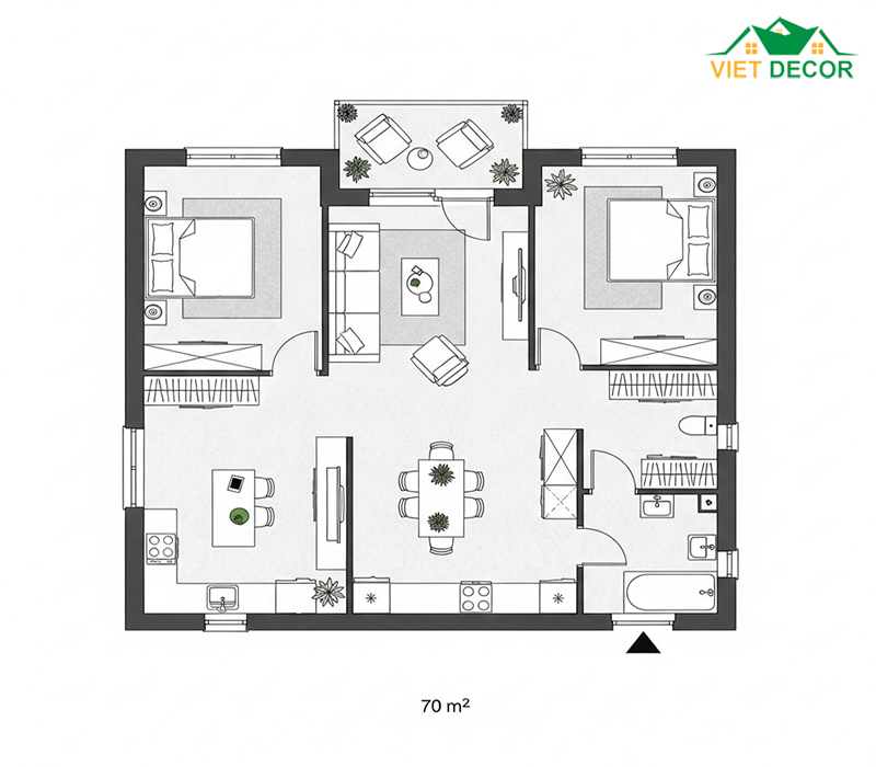 Bản vẽ thiết kế mẫu nhà cấp 4 2 phòng ngủ 70m2 hiện đại