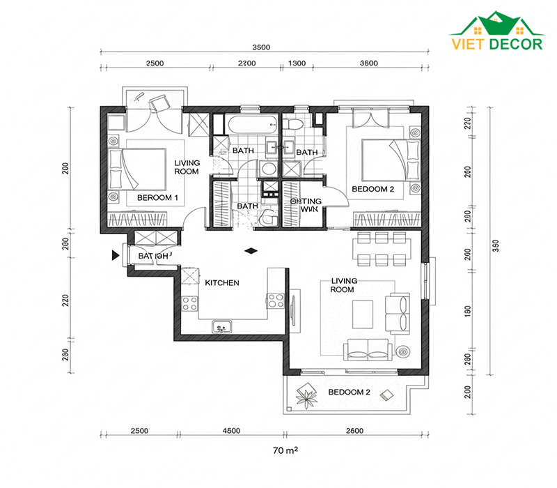 Bản vẽ mẫu nhà cấp 4 2 phòng ngủ 70m2 chữ L