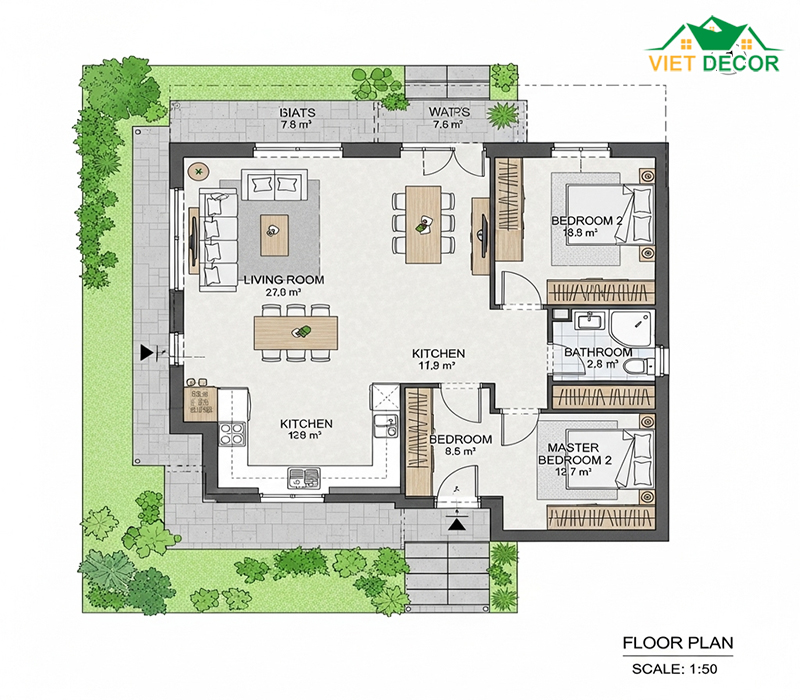 Bản vẽ mẫu nhà cấp 4 2 phòng ngủ 70m2 có sân vườn