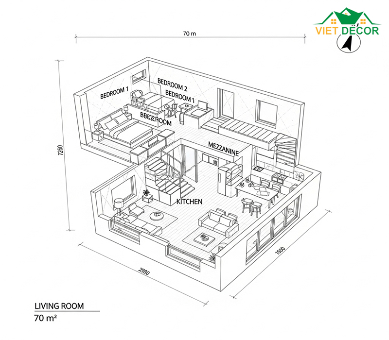 Bản vẽ mẫu nhà cấp 4 2 phòng ngủ 70m2 có gác lửng