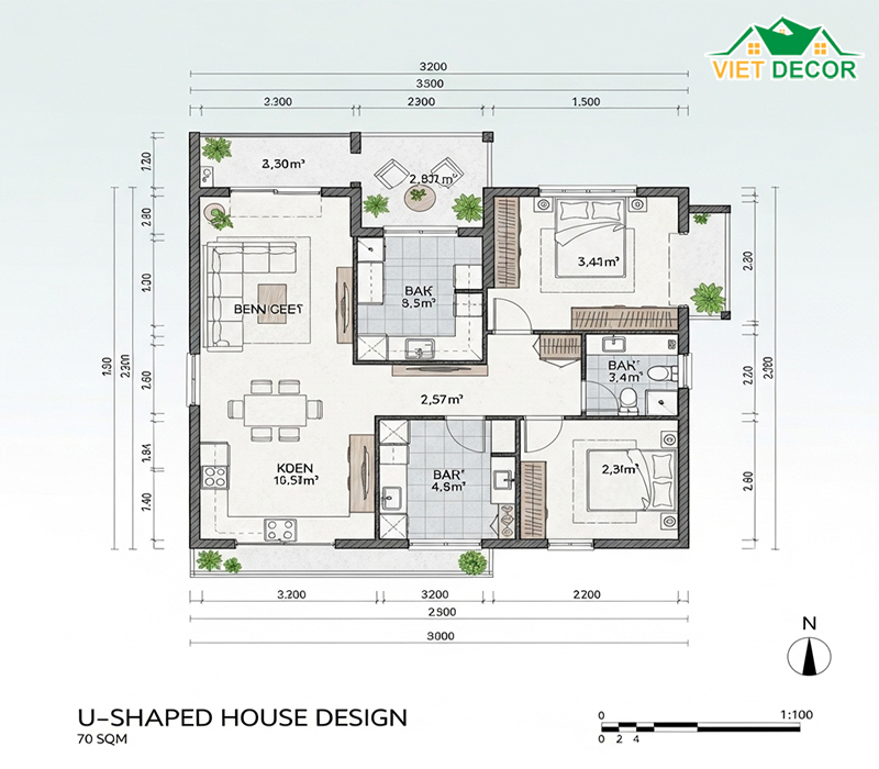 Bản vẽ mẫu thiết kế nhà cấp 4 với 2 phòng ngủ 70m2 chữ U