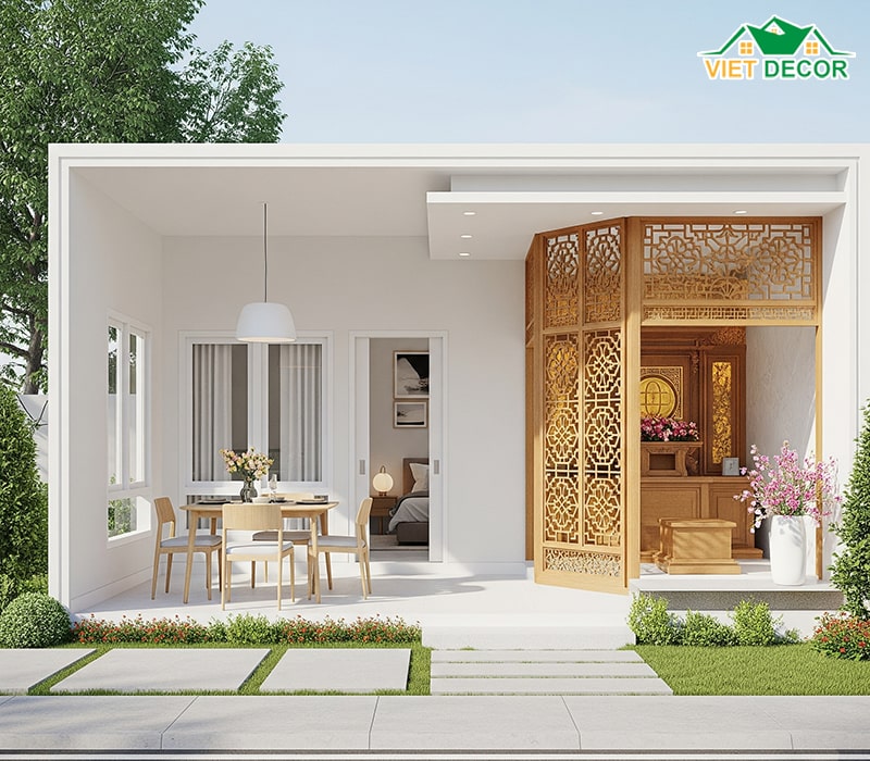 Mẫu nhà cấp 4 2 phòng ngủ 70m2 có phòng thờ