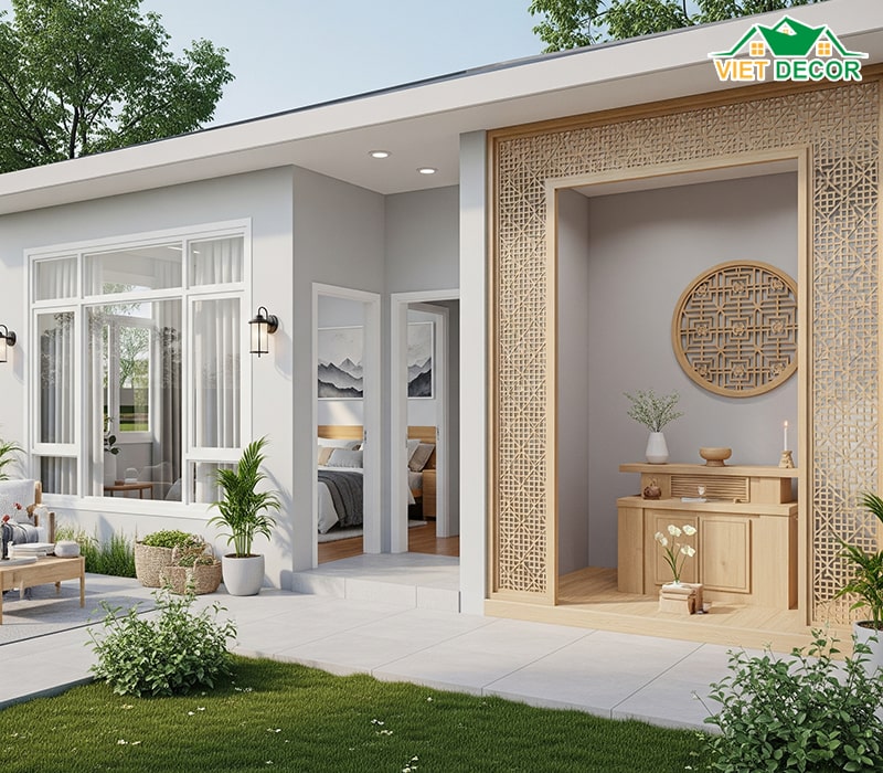 Mẫu nhà cấp 4 2 phòng ngủ 70m2 có phòng thờ