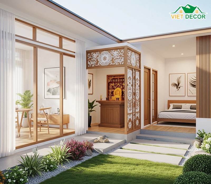 Mẫu nhà cấp 4 2 phòng ngủ 70m2 có phòng thờ