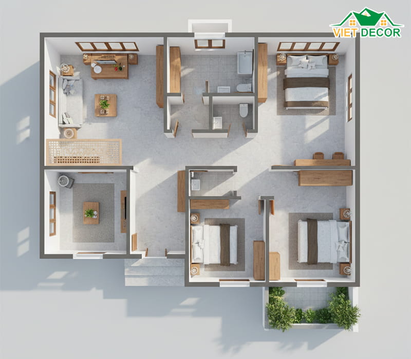 Sắp xếp vị trí 3 phòng ngủ đảm bảo sự riêng tư