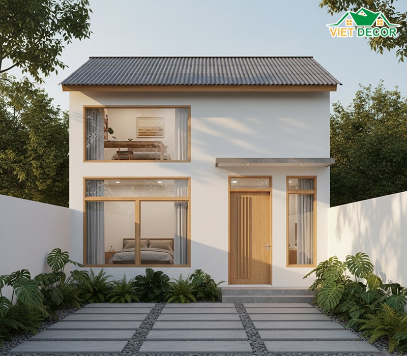 Mẫu nhà cấp 4 4x15 2 phòng ngủ có gác lửng tiện nghi