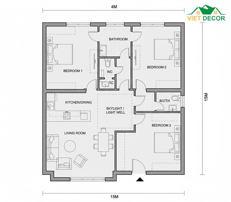 Bản vẽ mặt bằng công năng mẫu 1 (Phòng khách, bếp, 2 phòng ngủ, WC)