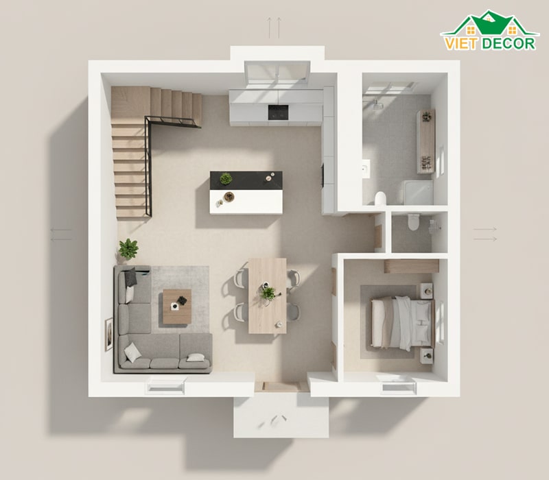 Bố trí phòng khách, bếp ăn và 1 phòng ngủ