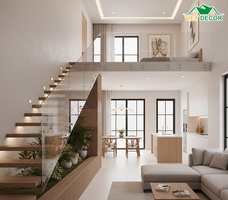 Tối ưu cầu thang gác lửng gọn gàng, thẩm mỹ