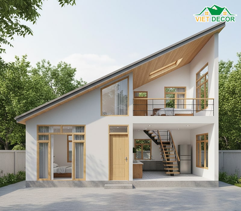 Nhà cấp 4 gác lửng mái tôn lệch phong cách trẻ trung