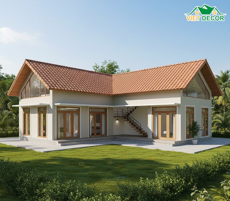 Nhà cấp 4 gác lửng chữ L mái tôn giả ngói (Cho đất rộng bề ngang)
