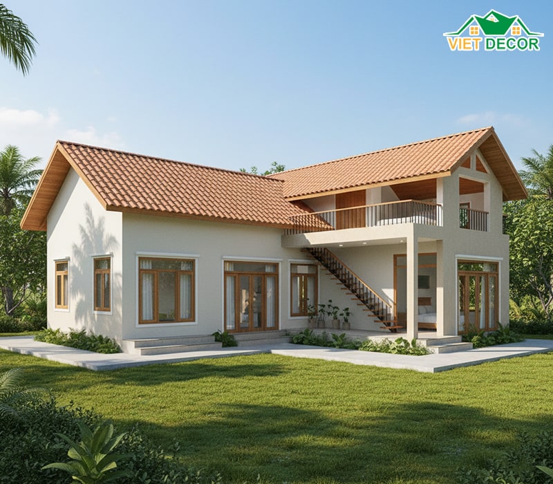Nhà cấp 4 gác lửng chữ L mái tôn giả ngói (Cho đất rộng bề ngang)