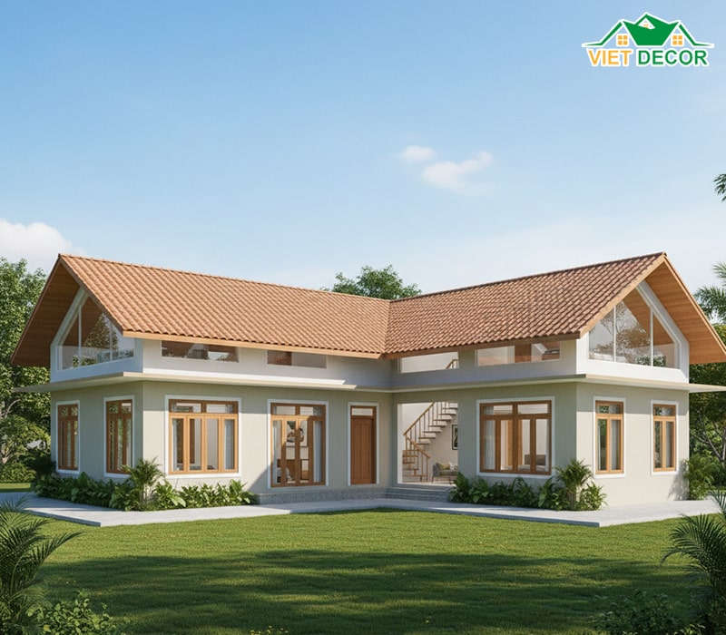 Nhà cấp 4 gác lửng chữ L mái tôn giả ngói (Cho đất rộng bề ngang)