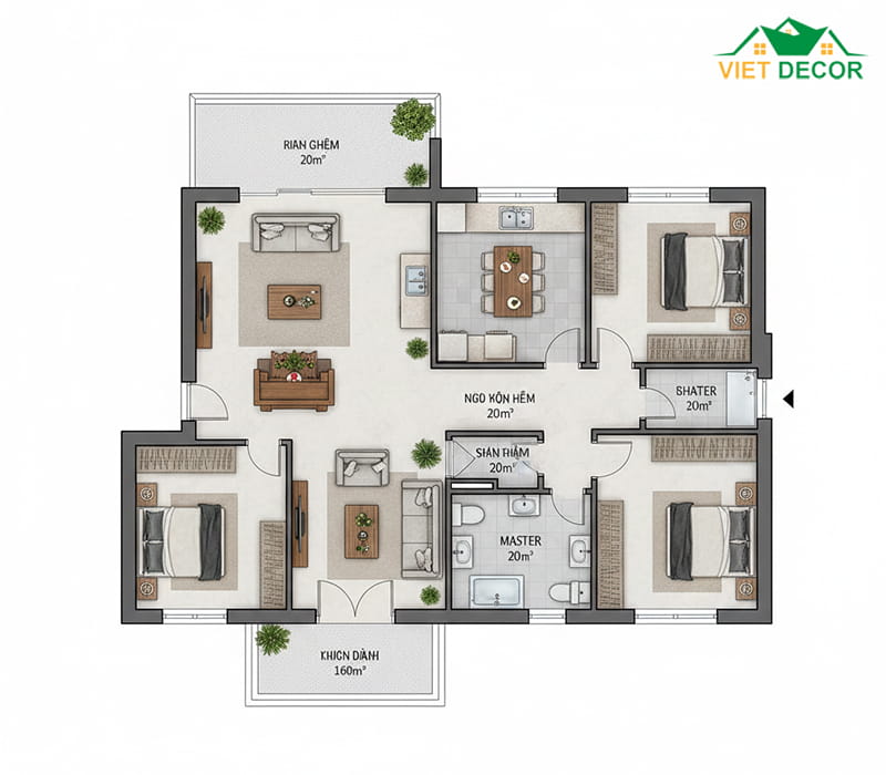 Sơ đồ sắp xếp 4 phòng ngủ đảm bảo tính riêng tư