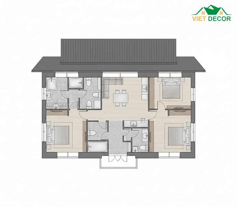 Bản vẽ bố trí công năng cho gia đình 4–5 người