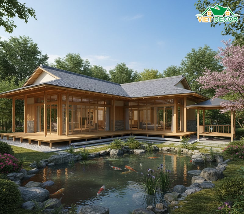 Nhà vườn cấp 4 mái Nhật không gian mở