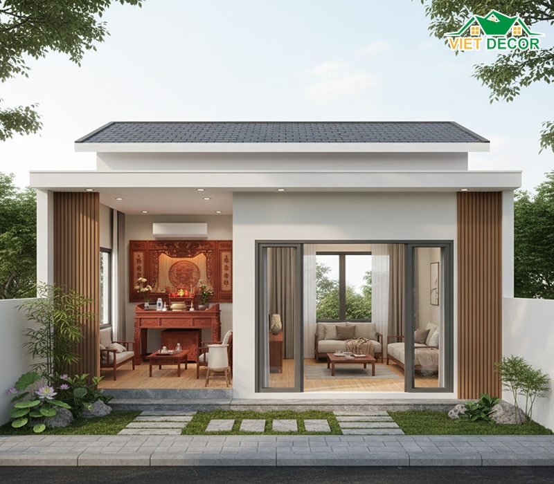Thiết kế nhà ống 1 tầng 3 phòng ngủ có phòng thờ