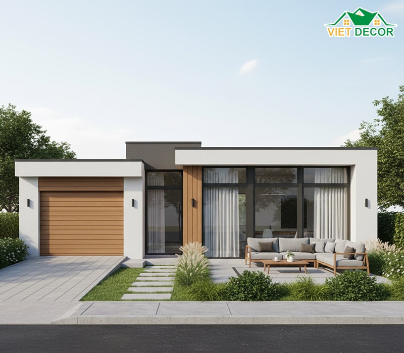 Mẫu nhà ống 1 tầng 3 phòng ngủ 100m2 có sân vườn hoặc Gara