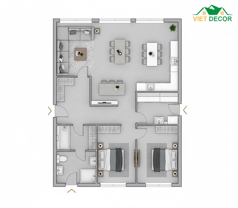Phương án 1: Phòng khách liền bếp + 3 Phòng ngủ cuối nhà