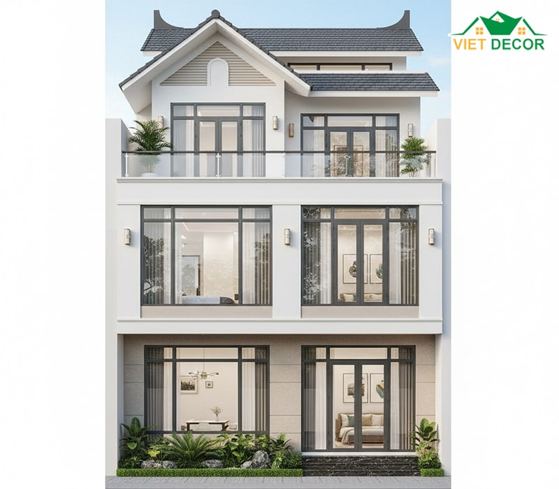 Mẫu nhà ống 3 tầng gác lửng thiết kế mái Thái