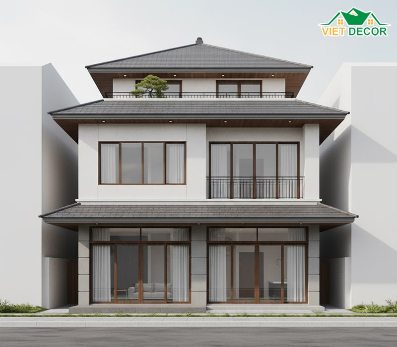 Mẫu nhà ống 3 tầng gác lửng thiết kế mái Nhật