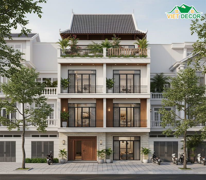 Mẫu nhà phố 4 tầng mái thái và mái bằng