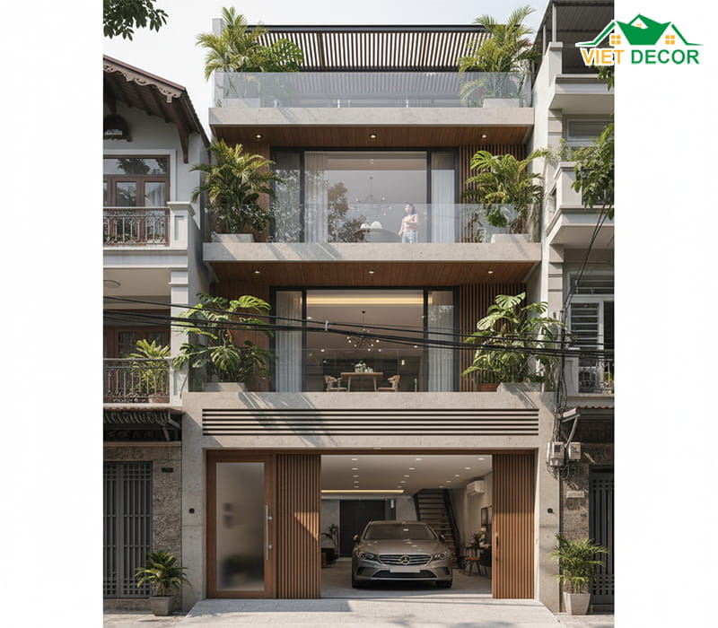 Thiết kế nhà phố 4 tầng có gara ô tô tiện dụng