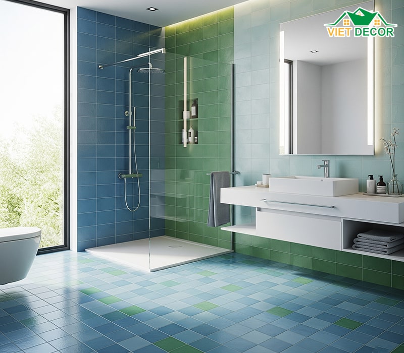 Gạch lát nền nhà vệ sinh màu xanh dương/xanh lá cây