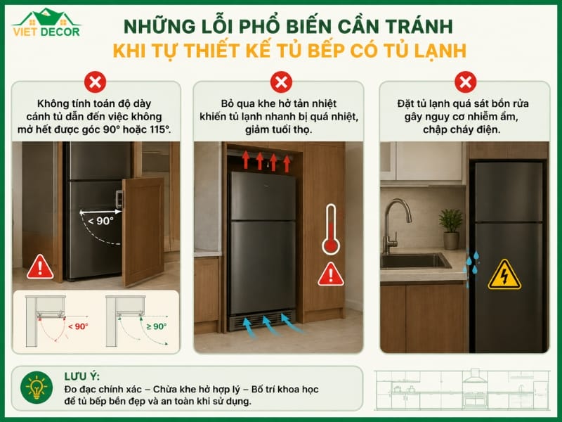 Những lỗi phổ biến cần tránh khi tự thiết kế tủ bếp có tủ lạnh