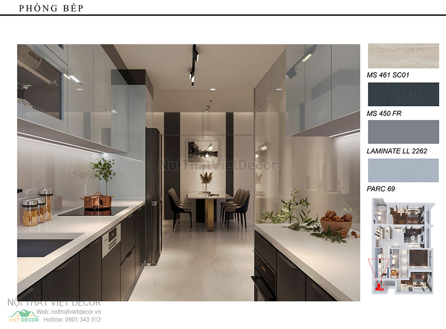 Nội thất Việt Decor thiết kế thi công nội thất nguyên căn, căn hộ 3 phòng ngủ Tân Phú Hồ Chí Minh hồ sơ phối cảnh 3D tủ bếp