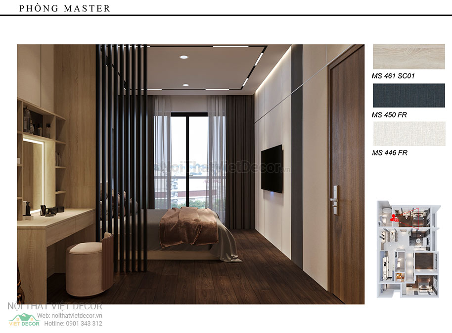 Nội thất Việt Decor thiết kế thi công nội thất nguyên căn, căn hộ 3 phòng ngủ Tân Phú Hồ Chí Minh hồ sơ thiết kế phối cảnh 3D phòng ngủ master