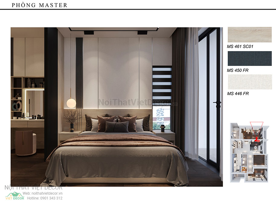 Nội thất Việt Decor thiết kế thi công nội thất nguyên căn, căn hộ 3 phòng ngủ Tân Phú Hồ Chí Minh hồ sơ thiết kế phối cảnh 3D phòng ngủ master